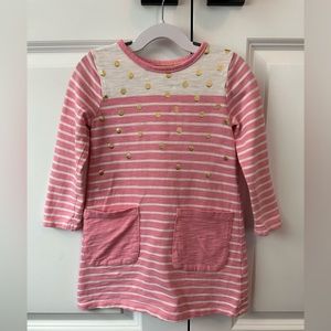 Mini Boden Girls Pink Striped with Pockets and Gold Dots Cotton Dress (Size 3-4)